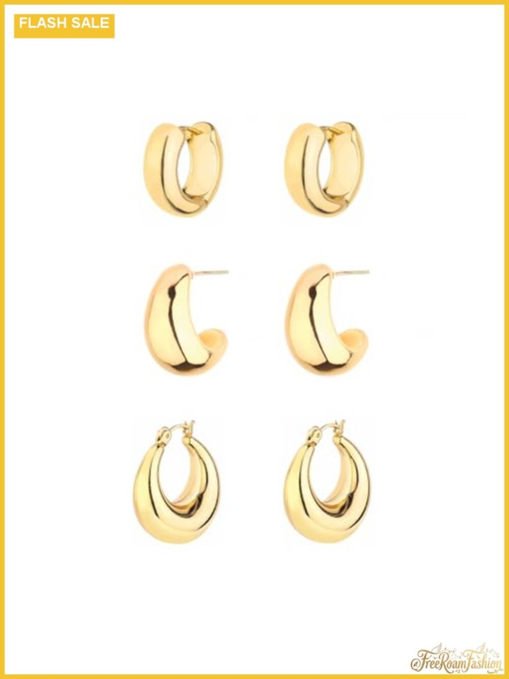 Chunky Gold Plated Hoop Earrings Set of 3 Sizes Hypoallergenic Lightweight